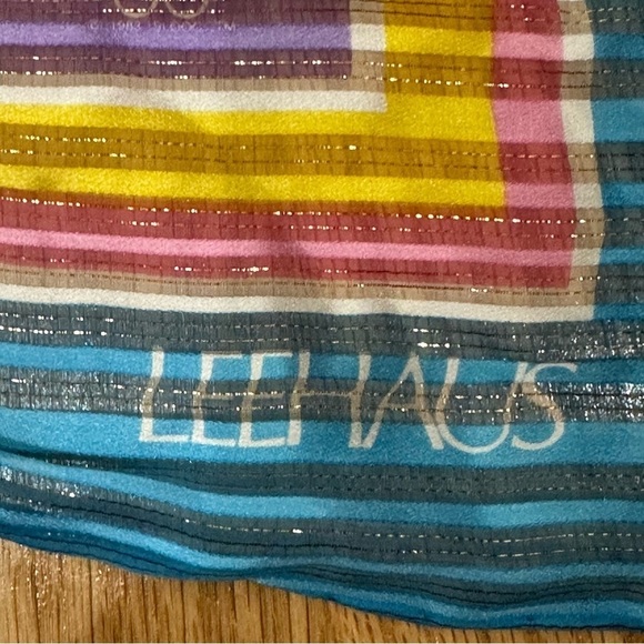 Leehaus Olympic Silk Scarf Blue Pink Yellow Metallic Floral - Picture 3 of 5